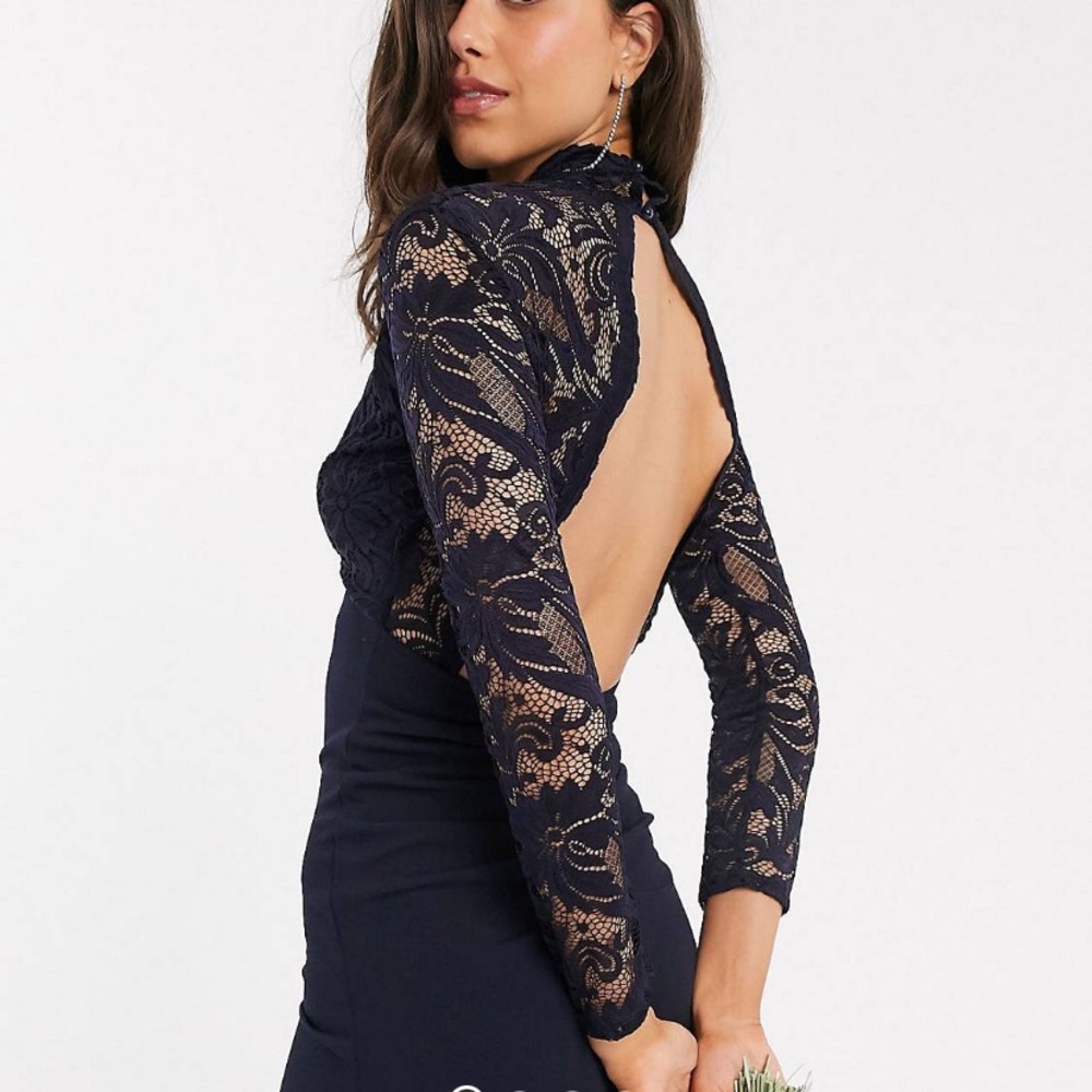 NWT ASOS Navy long sleeve lace scalloped maxi dress with ruched back
